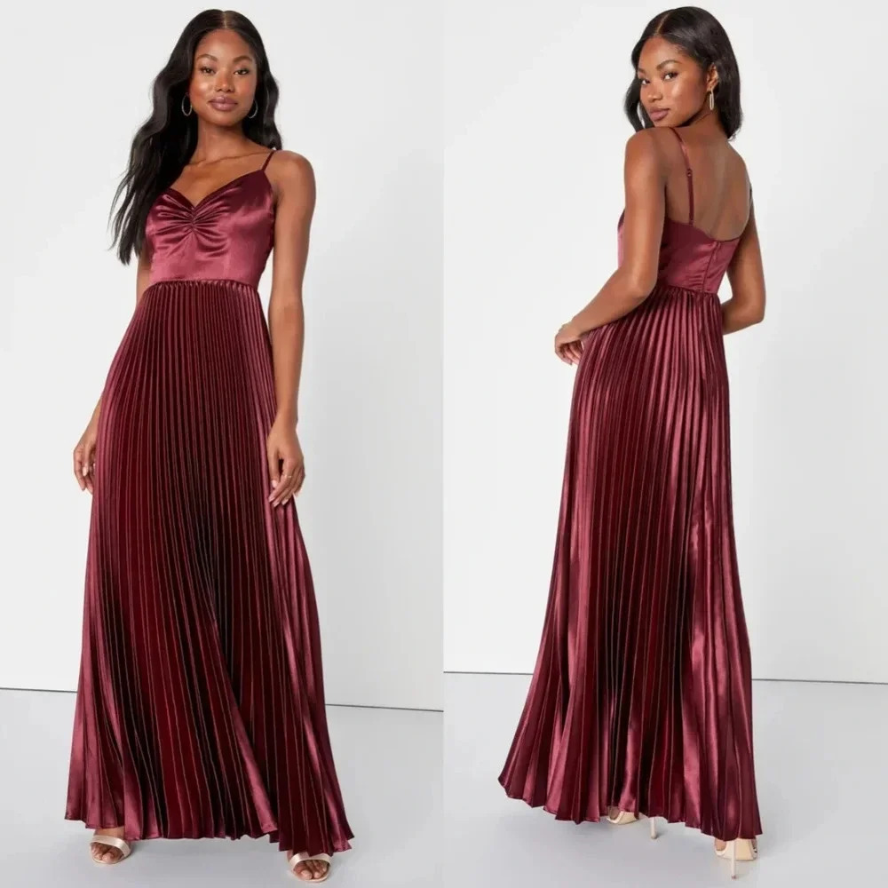 Lulus Exceptional Sophistication Burgundy Satin Pleated Maxi Dress S Wedding